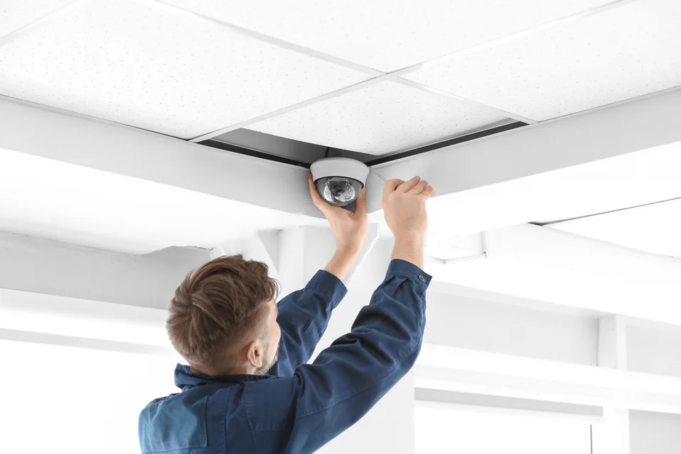 A technician installing a ceiling camera in a bright office